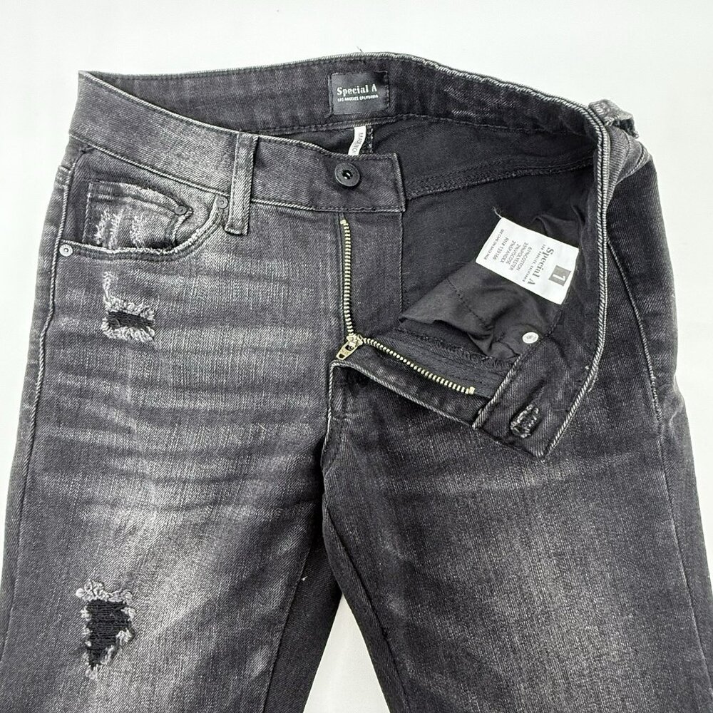 Special A Flare Jeans Women Size 1 W26 Black Distressed Raw Fringe Frayed Boho - Picture 5 of 12